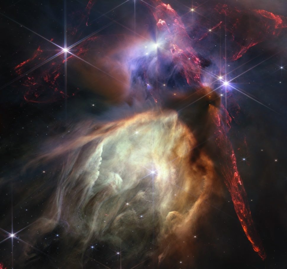 由韋伯太空望遠鏡所拍攝，位於蛇夫座ρ附近的恆星形成區，展示出令人意想不到的精細構造。圖片來源：James Webb Space Telescope