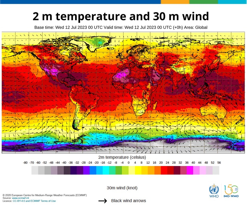 WMO12日在推特上發表最新氣溫，顯示全球高溫仍在持續。圖片來源：WMO推特