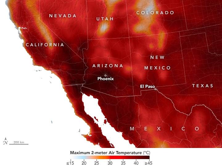 2023年7月25日，美國西南部熱浪。圖片來源：NASA