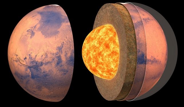 根據洞察號的地震數據重建火星內部結構示意圖。