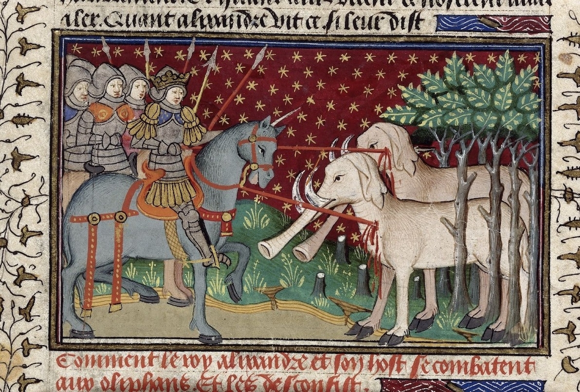 約公元1445年的法國《塔爾伯特．舒茲柏利之書》（Talbot Shrewsbury Book）的插畫中，亞歷山大大帝的武士用長矛刺向大象。 IMAGE VIA BRITISH LIBRARY 
