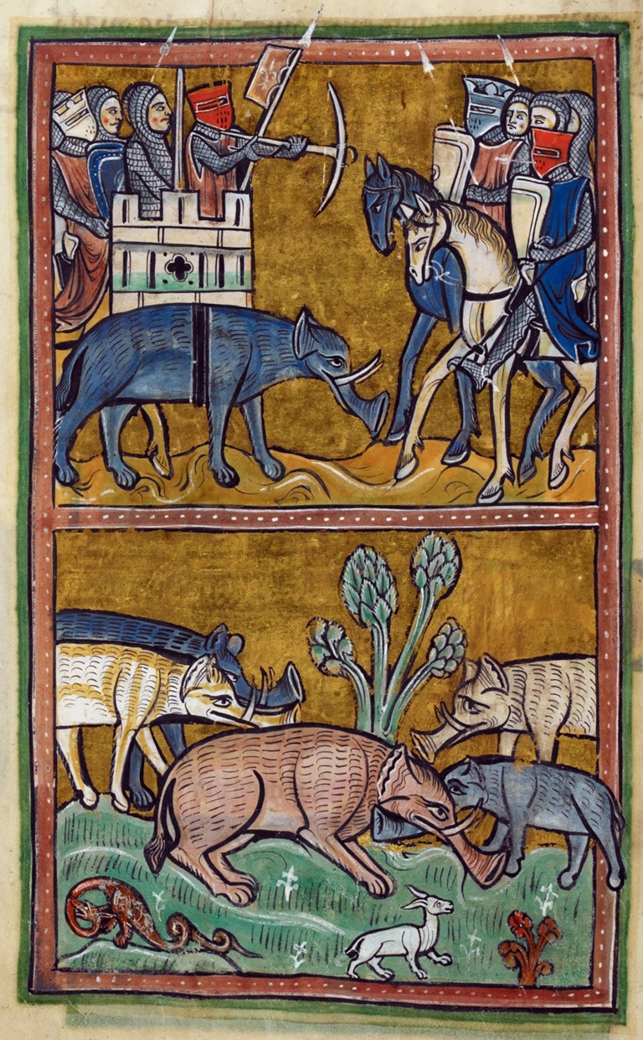 戰象背上的武士擊退騎馬的敵人，而下方畫面中則是其他長著特殊喇叭狀長鼻的大象在作戰，這幅插畫出自公元1250年前後繪於倫敦的《羅切斯特動物寓言集》（Rochester Bestiary）。中世紀歐洲的藝術家，很少有人親眼見過真正的大象，也因此畫出了五花八門的巨大動物，至今仍然令人為之讚嘆。 IMAGE VIA THE BRITISH LIBRARY 