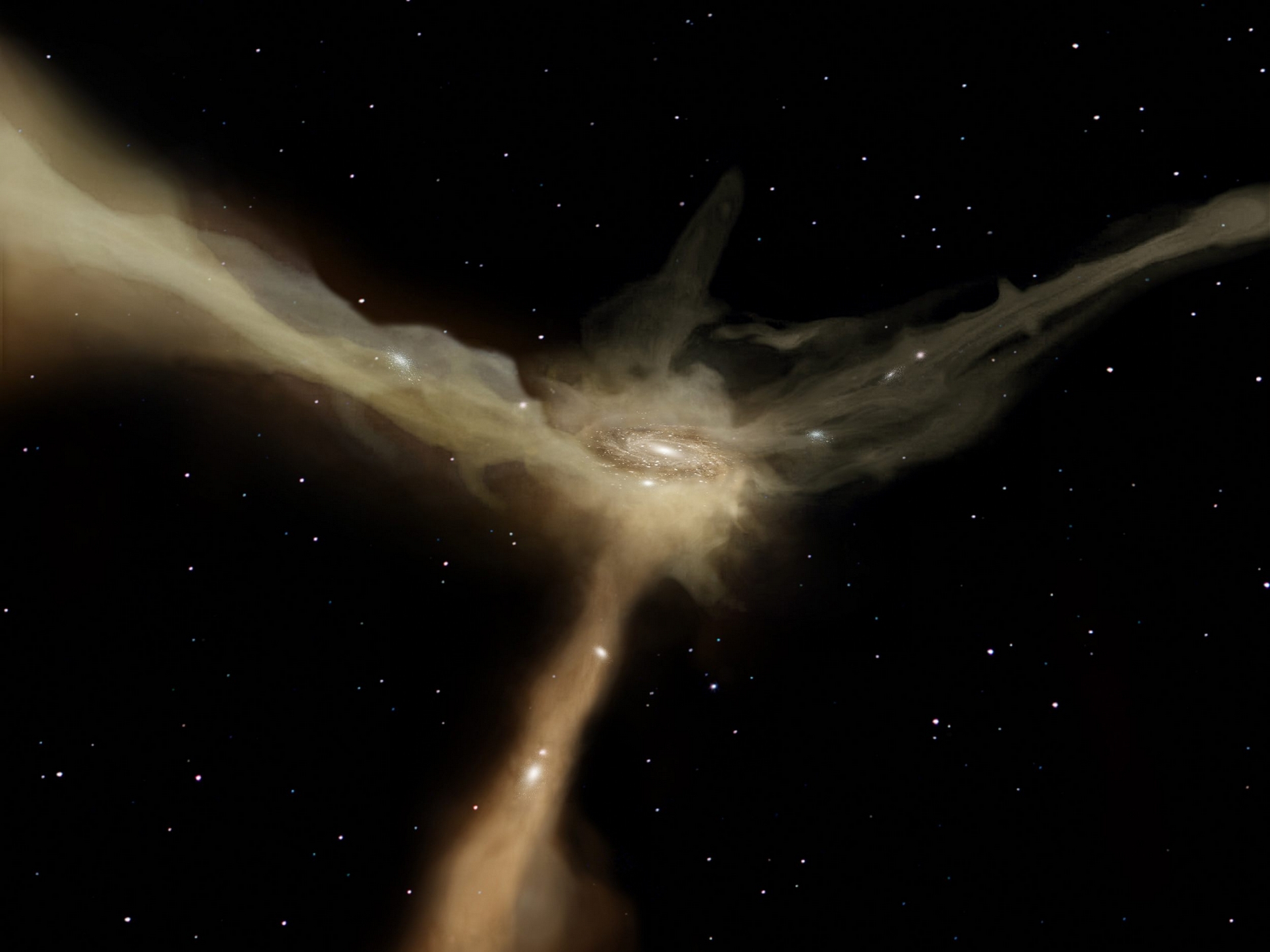 藝術家筆下所展現，星系近旁已冷卻、聚積的星系間星際物質，因密度增加而受到星系的重力吸引，會沿著宇宙網細絲狀的重力井路徑流回星系中。圖片來源：ESA–AOES Medialab  