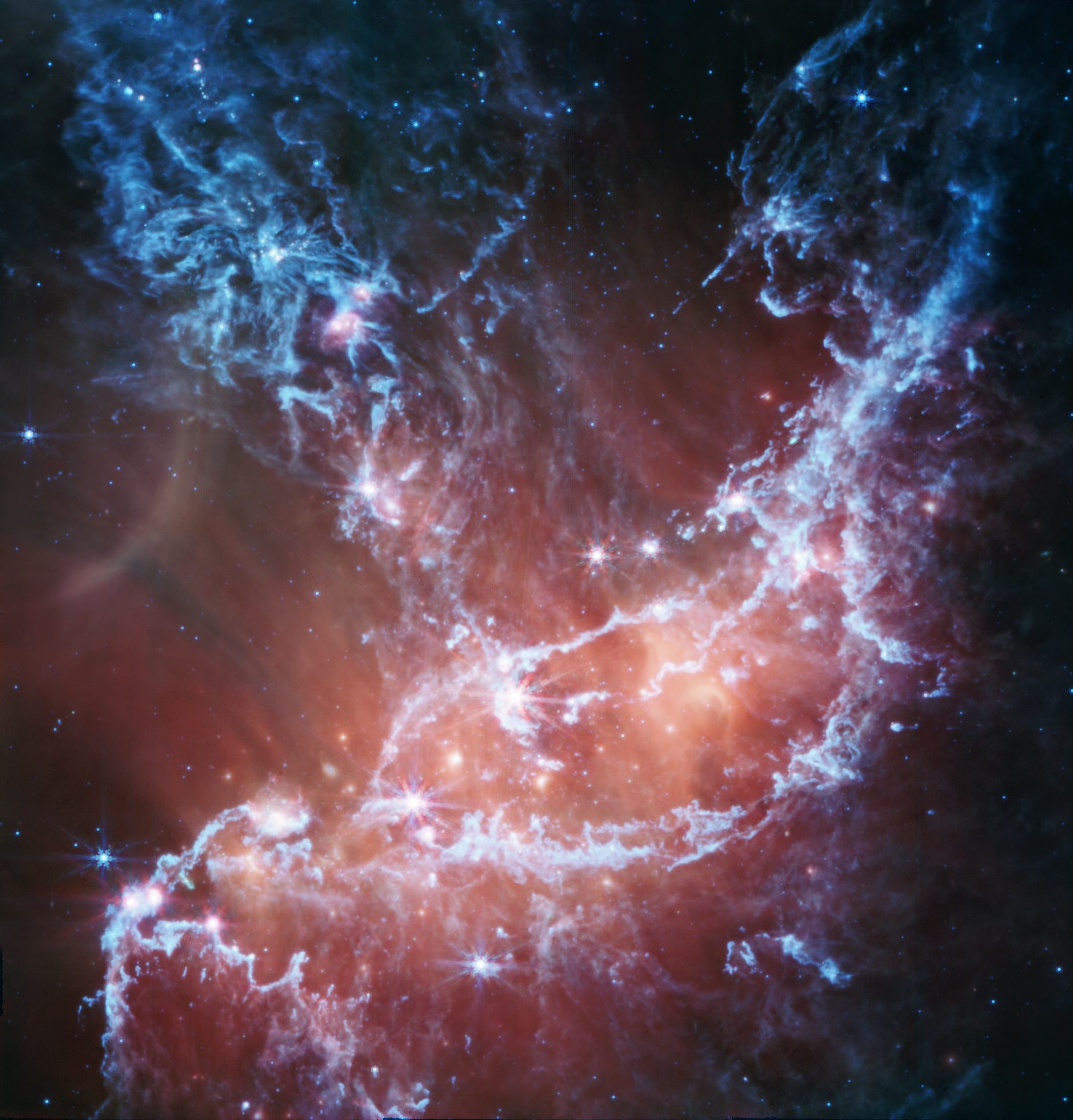 韋伯太空望遠鏡中紅外成像-光譜儀所拍攝恆星形成區域NGC 346。圖片來源：NASA、ESA、CSA、STScI、N. Habel (JPL)。影像處理：P. Kavanagh (Maynooth University)