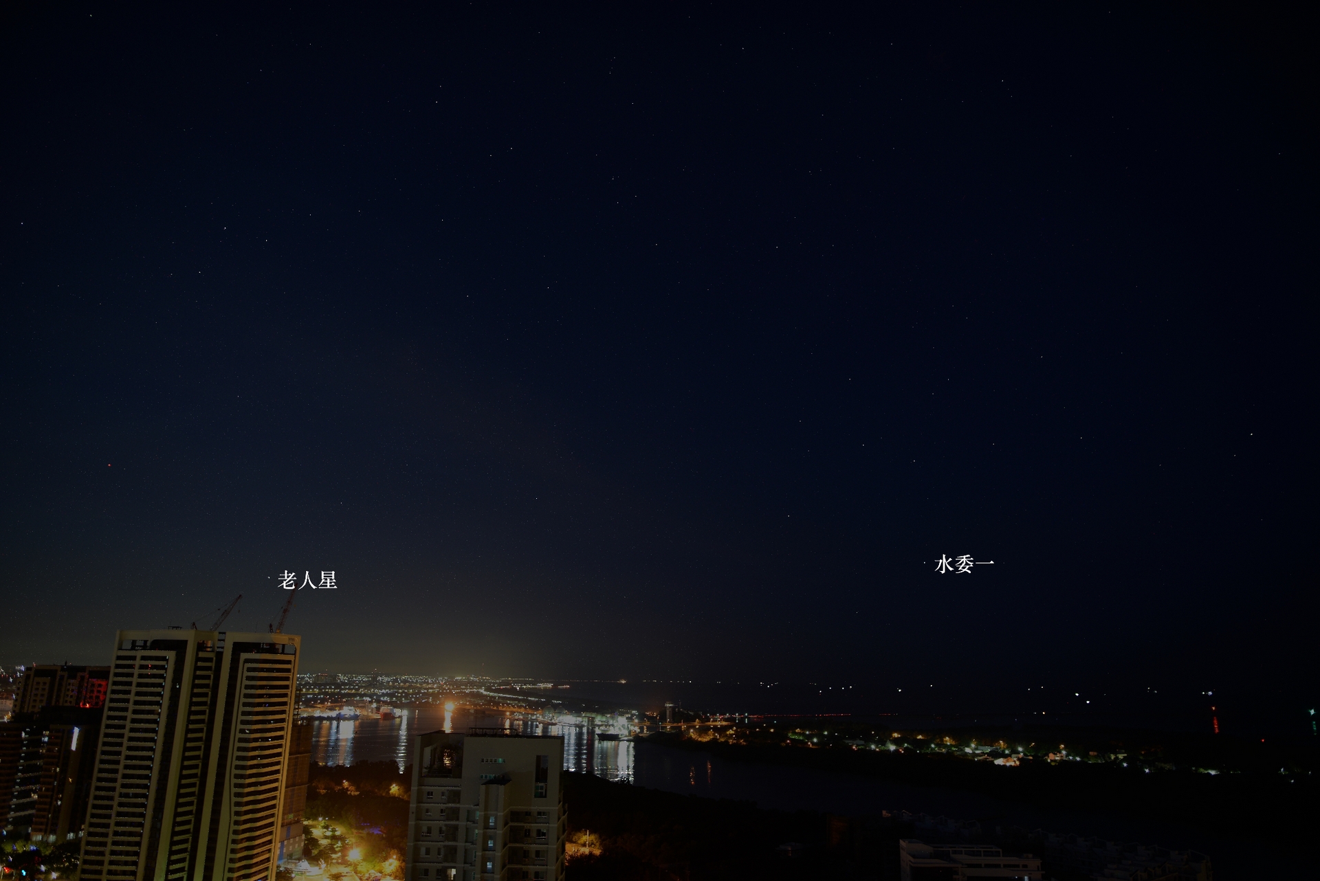 老人星的緯度相當低，臺灣可以在南方地平線上看見這顆亮星。2023/8/29清晨，李昫岱攝於臺南。