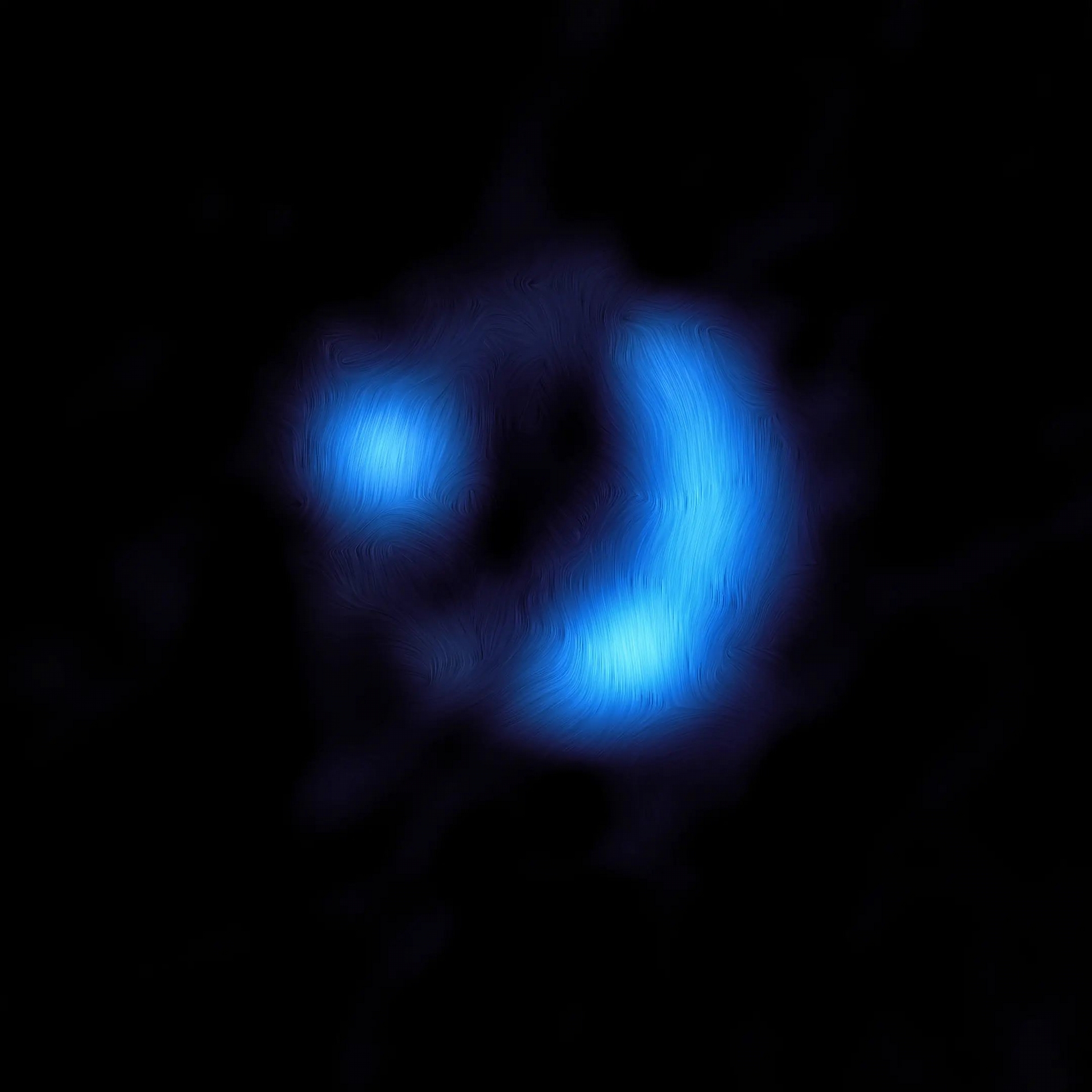 影像中顯示遙遠的9io9星系中磁場方向，9io9內的塵埃顆粒在某種程度上與星系的磁場對齊，因此，它們會發出偏振光，這表示光波會沿著一個偏好方向而非隨機振盪。ALMA偵測到此偏振訊號，天文學家可以根據此訊號計算出磁場的方向，此處顯示的是疊加在ALMA影像上的曲線。圖片來源：ALMA (ESO/NAOJ/NRAO)/J. Geach et al.