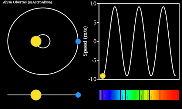 動畫顯示如何測量徑向速度，這是行星影響其母恆星光線的方式之一。(Alysa Obertas/Wikimedia Commons, CC BY-SA 4.0)