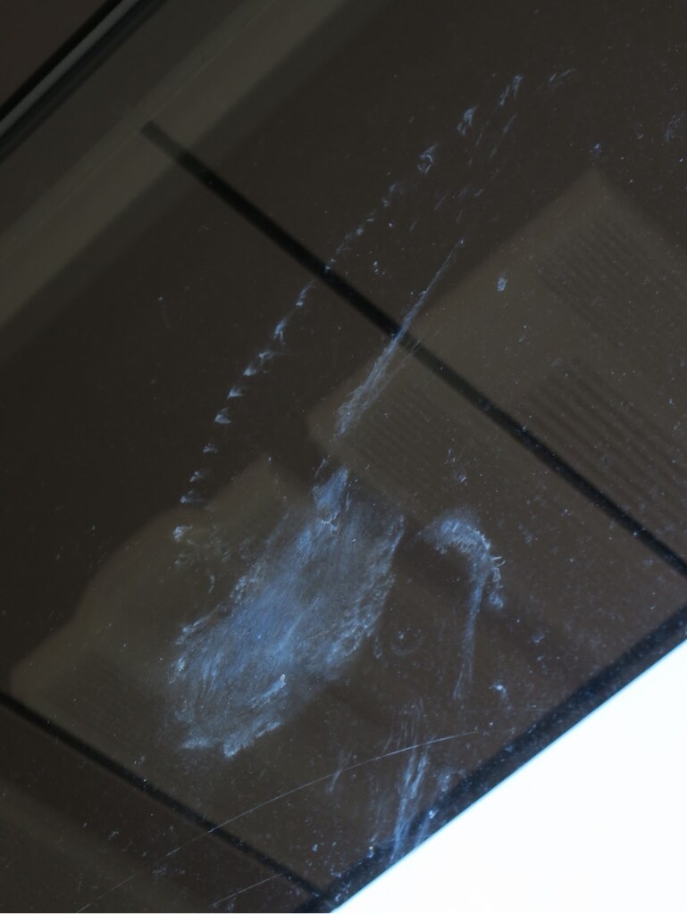 在香港美孚港鐵站的玻璃發現的鳥撞拓印，即在玻璃表面留下羽粉、羽毛或排泄物。圖片來源︰香港觀鳥會
