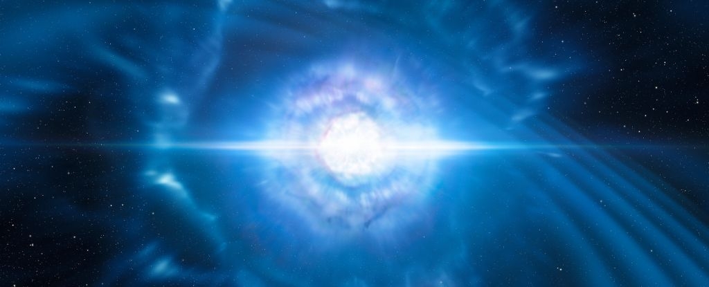 中子星合併事件的示意圖，其中有可能發生快中子捕獲過程。(ESO / L. Calcada / M. Kornmesser)