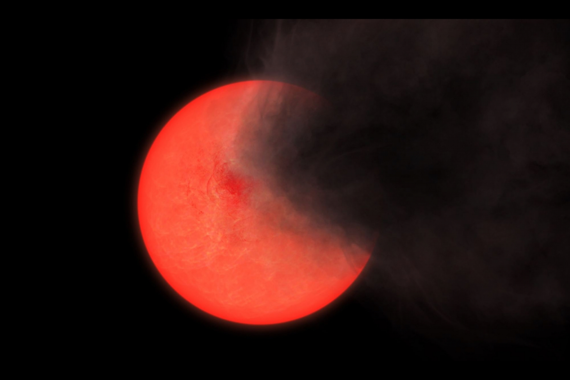 藝術家對一顆被暱稱為「老煙囪」的紅巨星噴發出的氣雲和塵埃的想像圖。