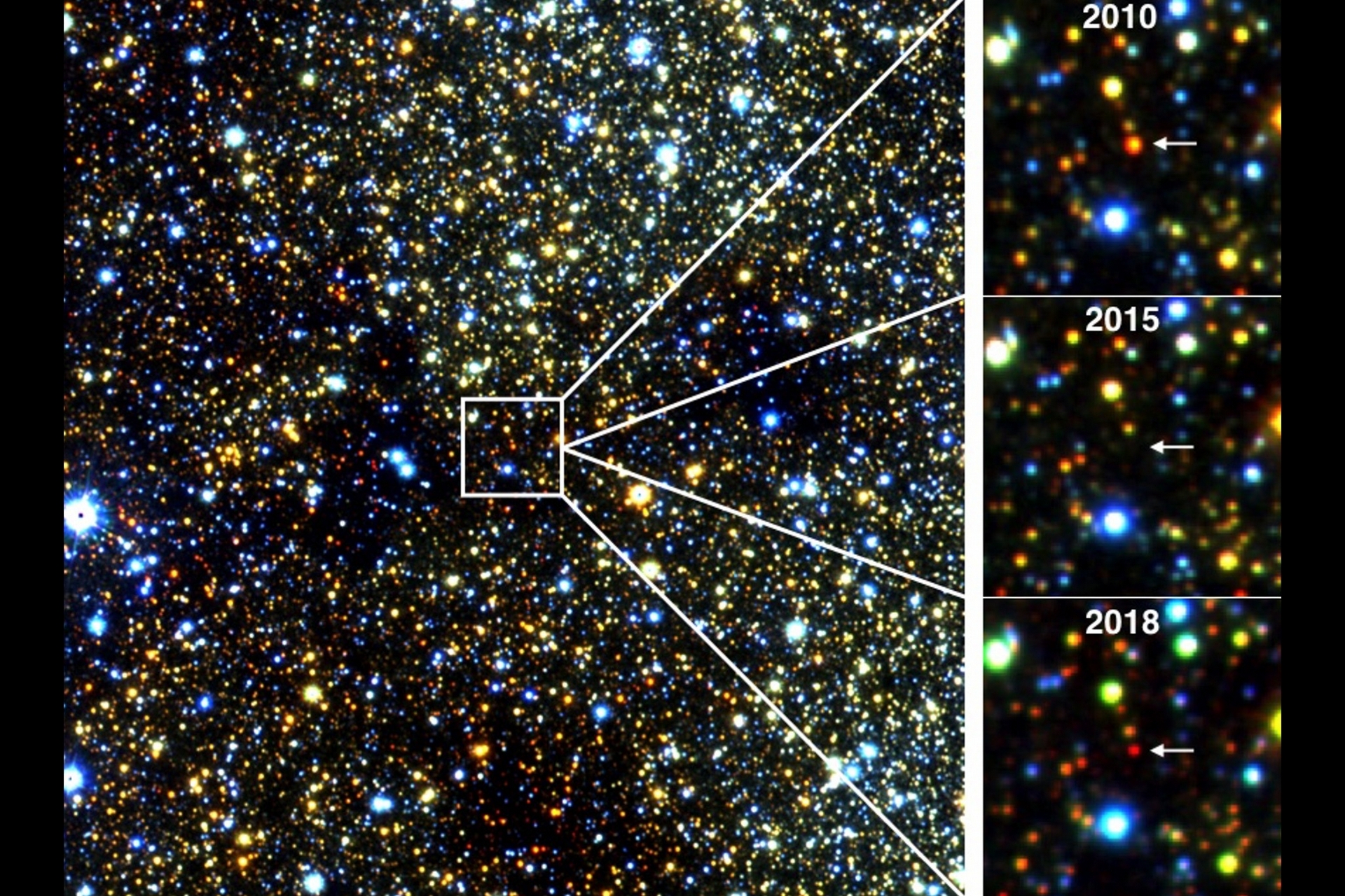 由VISTA所拍攝到的紅巨星紅外線影像，位於我們銀河系中心附近約30,000光年遠的地方，它在幾年的時間裡逐漸消失然後重新出現。