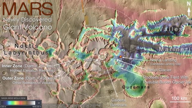 標示諾克蒂斯火山特徵的地形圖。(Lee & Shubham, 2024)