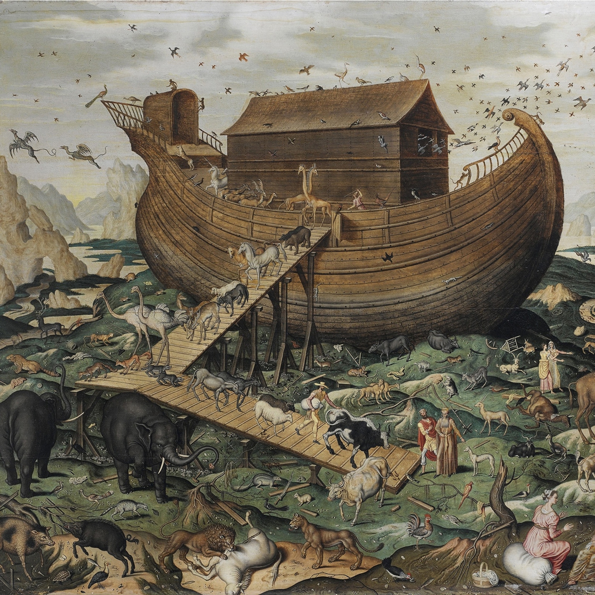 這幅由西蒙．迪麥爾（Simon de Myle）在1507年繪製的挪亞方舟油畫中，有牛、象、長頸鹿……那隻在甲板上閒晃的是獨角獸嗎？聖經留了空間給藝術家和科學家，去想像挪亞可能拯救了哪些動物──而中世紀的藝術家，特別喜歡如獨角獸和龍之類生物的奇幻描述。　  PHOTOGRAPH COURTESY BRIDGEMAN IMAGES 