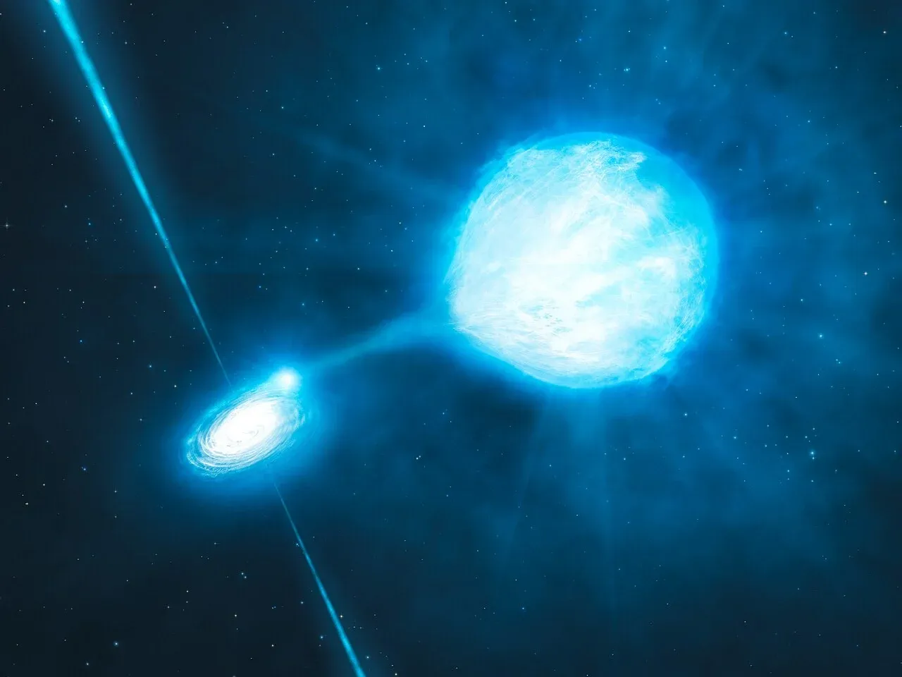 藝術家繪製，當黑洞吞噬伴星物質時，黑洞的兩極也許會產生強力噴流，吸積的周圍則會溫度升高到上億度。
