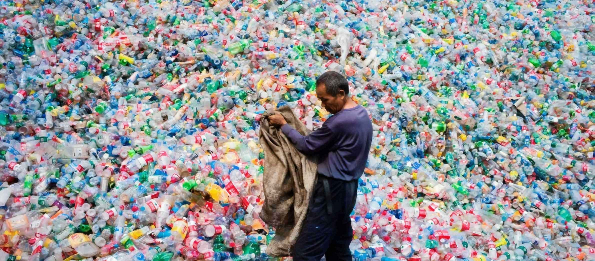 北京郊區的東小口鎮，一位中國勞工正在回收營運點分類整理塑膠瓶罐。PHOTOGRAPH BY FRED DUFOUR, AFP, GETTY