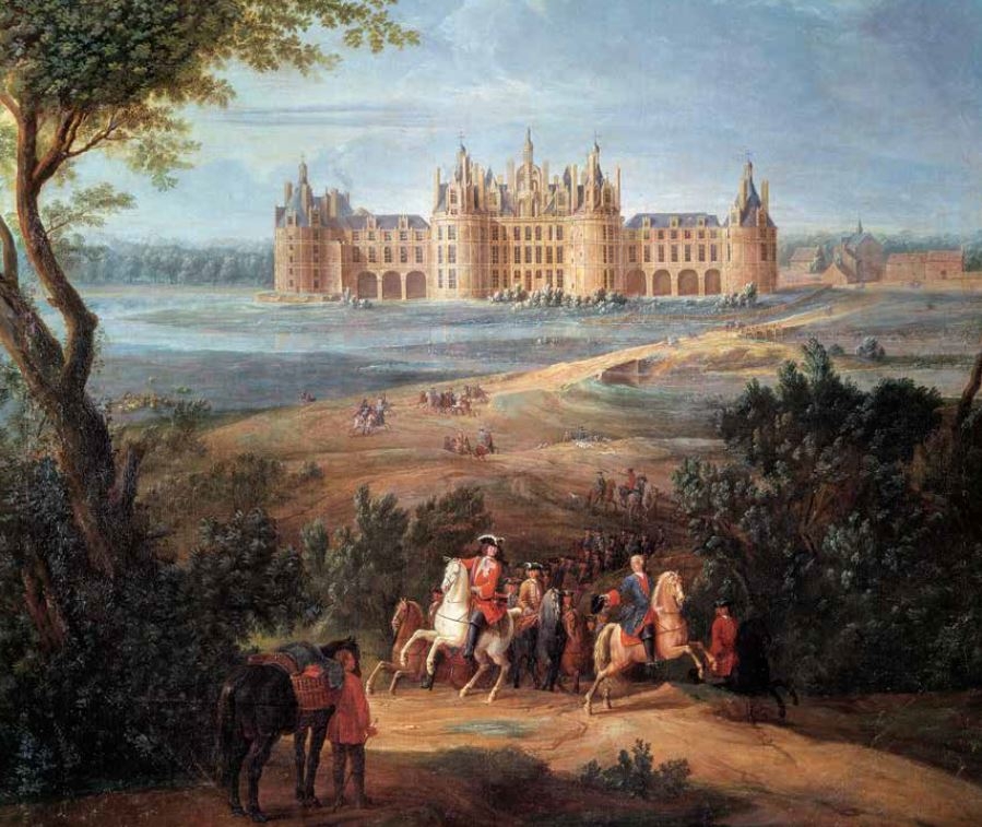 68-69 由17世紀的皮埃爾－丹尼士．馬丁（Pierre-Denise Martin） 創作的大型畫作，描繪奧爾良公爵腓力二世（Philippe II d’Orleans） 在尚波城堡打獵的情景，這幅畫現存於凡爾賽宮。