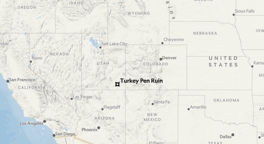 圖中星號為火雞圈廢墟（Turkey Pen site）在北美大陸的位置。