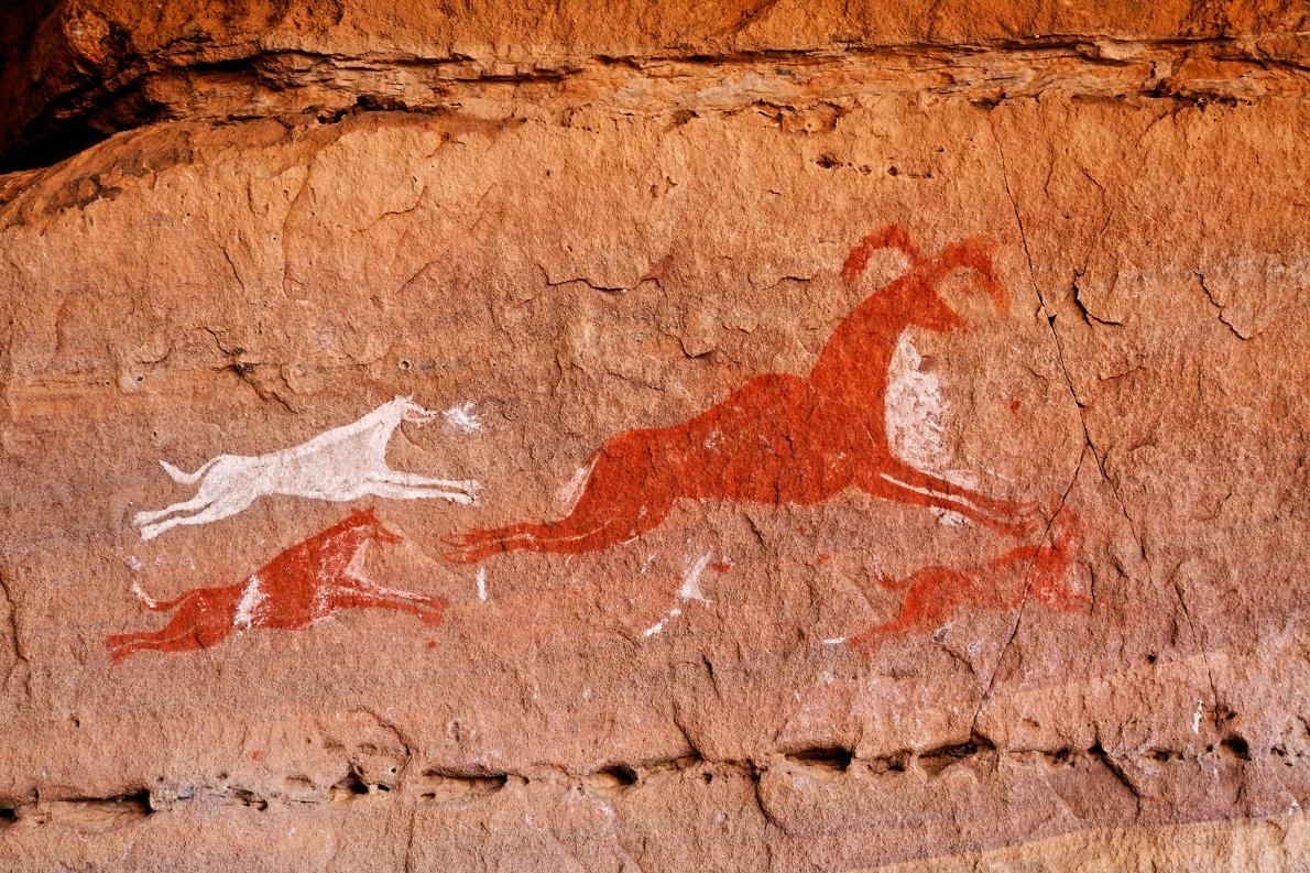 在利比亞阿卡庫斯山（Acacus Mountains）裡的岩畫上，一群行動敏捷的狗正追趕著一隻羚羊。這幅藝術作品可追溯到1萬2000年前。PHOTOGRAPH BY ROBERT PRESTON PHOTOGRAPHY, ALAMY