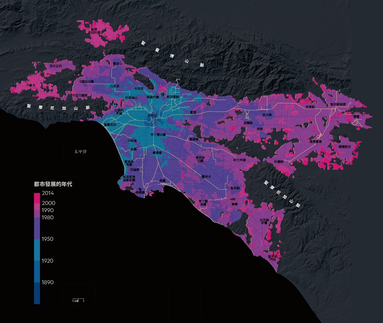 美國，洛杉磯。SOURCES: SHLOMO ANGEL AND ALEJANDRO BLEI, ATLAS OF URBAN EXPANSION, NEW YORK UNIVERSITY; PACIFIC ELECTRIC RAILWAY; LOS ANGELES RAILROAD HERITAGE FOUNDATION; COPYRIGHT OPENSTREETMAP CONTRIBUTORS, AVAILABLE UNDER OPEN DATABASE LICENSE: OPENSTREETMAP.ORG/COPYRIGHT