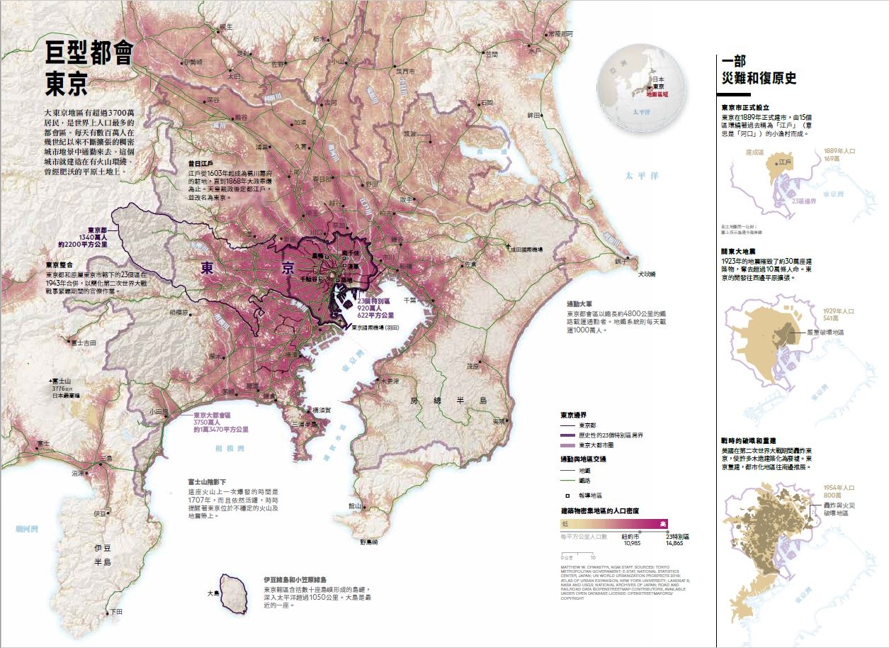 大東京地區有超過3700萬居民，是世界上人口最多的都 會區。每天有數百萬人在幾 世紀以來不斷擴張的稠密城 市地景中通勤來去
