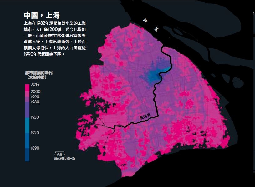 上海在1982年還是相對小型的工業城市，人口僅1200萬，現今已增加 一倍。中國政府在1980年代開放外資進入後，上海迅速擴張。