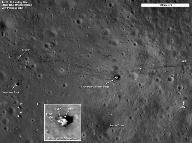 LRO 拍攝的阿波羅17號著陸點的圖片：能夠看到太空人留下的路徑，著陸點，月球車，火山，以及遺留下來的設備等。圖片來源：NASA