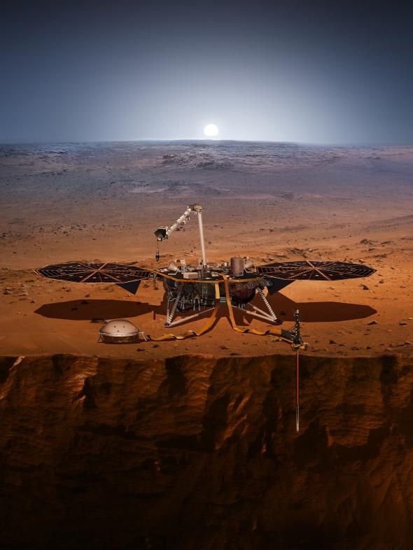 這張藝術家的想像圖描繪了火星上的美國航太總署（NASA）洞察號登陸器。NASA宣布登陸器可能已經偵測到這顆紅色星球內部的震動──這也是人類有史以來第一次記錄到的「火星地震」。 ILLUSTRATION BY NASA/JPL-CALTECH 