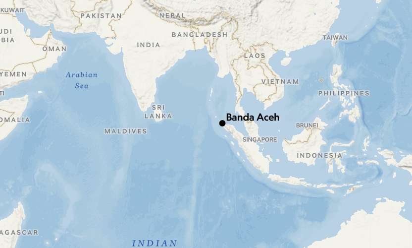 圖中黑點為班達亞齊（Banda Aceh），如今是亞齊省的首府。
