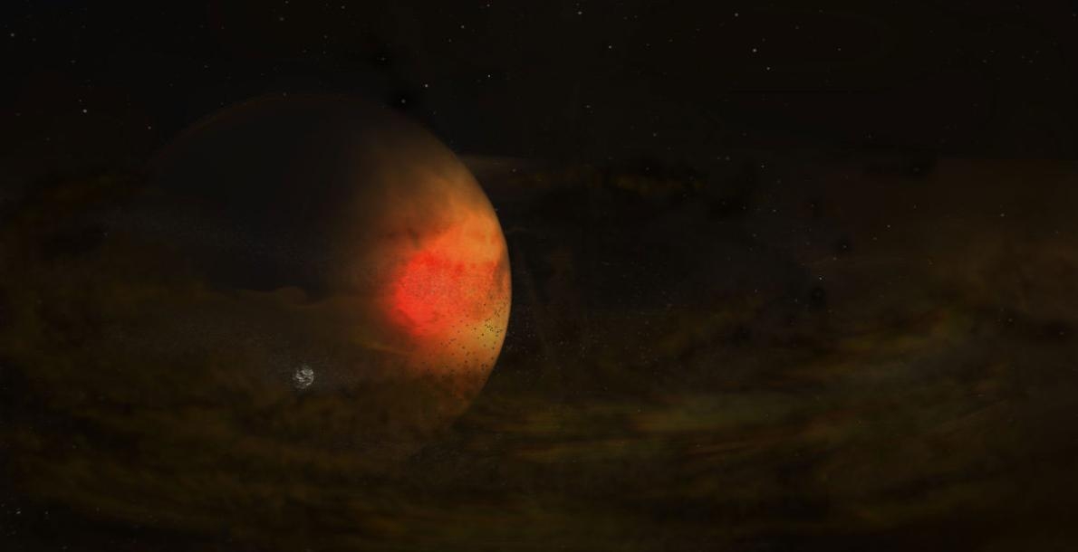 藝術家對PDS 70恆星系統的想像圖。環繞著巨行星的黯淡塵埃盤，可能會有顆新衛星正從此處誕生。ILLUSTRATION BY S. DAGNELLO, NRAO/AUI/NSF