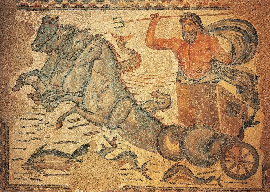 這幅4世紀的鑲嵌畫發現於薩穆加迪的東側浴場中，圖中描繪羅馬海神尼普頓（Neptune）駕著一輛由馬頭魚尾怪（半馬半魚）所拉的戰車。收藏在薩穆加迪的考古博物館。PHOTOGRAPH BY DEA/ALBUM