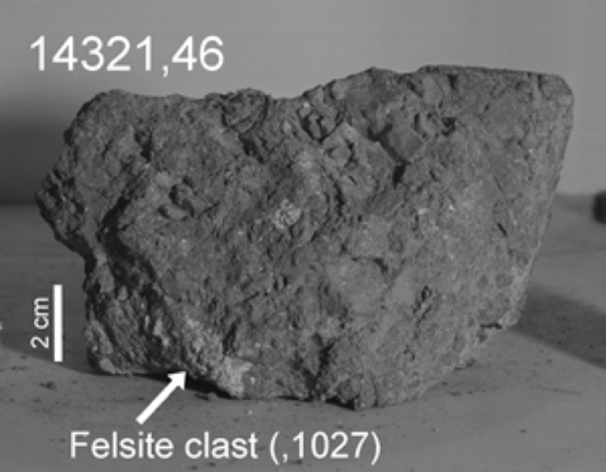 月岩14321號樣品中包含的地球岩石碎片。圖片來源：月球與行星研究所