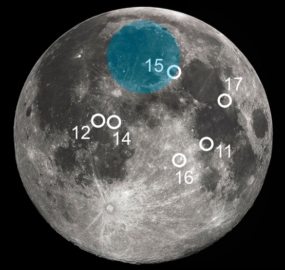 白色圈圈代表阿波羅系列諸任務的著陸位置；藍色區域內的月海便是雨海。圖片來源：維基百科；本文作者在此基礎上添加了雨海的範圍