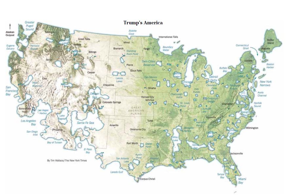 在備受爭議的2016年美國總統大選過後，《紐約時報》繪圖團隊採用中性的地理術語來標示這張地圖（例如圖上沒有沼澤或惡地）。只有一個地方偷渡了一項只能意會的指涉：阿瑟拉水道（Acela Channel）在川普地圖上切開了一條路線穿過東北部，大致沿著阿瑟拉高速列車的路線。