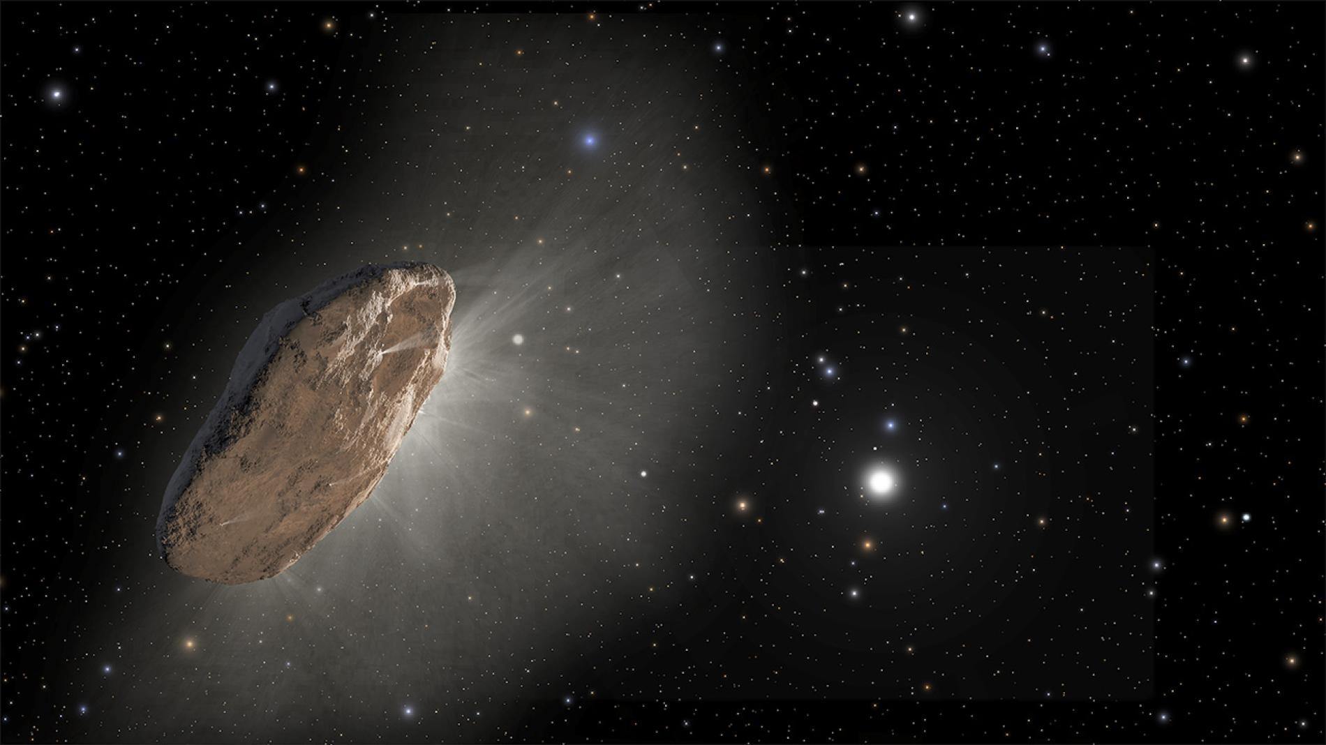 是藝術家對我們首度偵測到的星際訪客──斥侯星（'Oumuamua）的想像圖。一位業餘天文學家在8月30日發現了它的繼任者：一顆名為C/2019 Q4「鮑里索夫」（Borisov）的彗星。根據這顆彗星的軌道推測，這是它此生中唯一造訪太陽系的機會。ILLUSTRATION BY J. OLMSTED AND F. SUMMERS, NASA, ESA