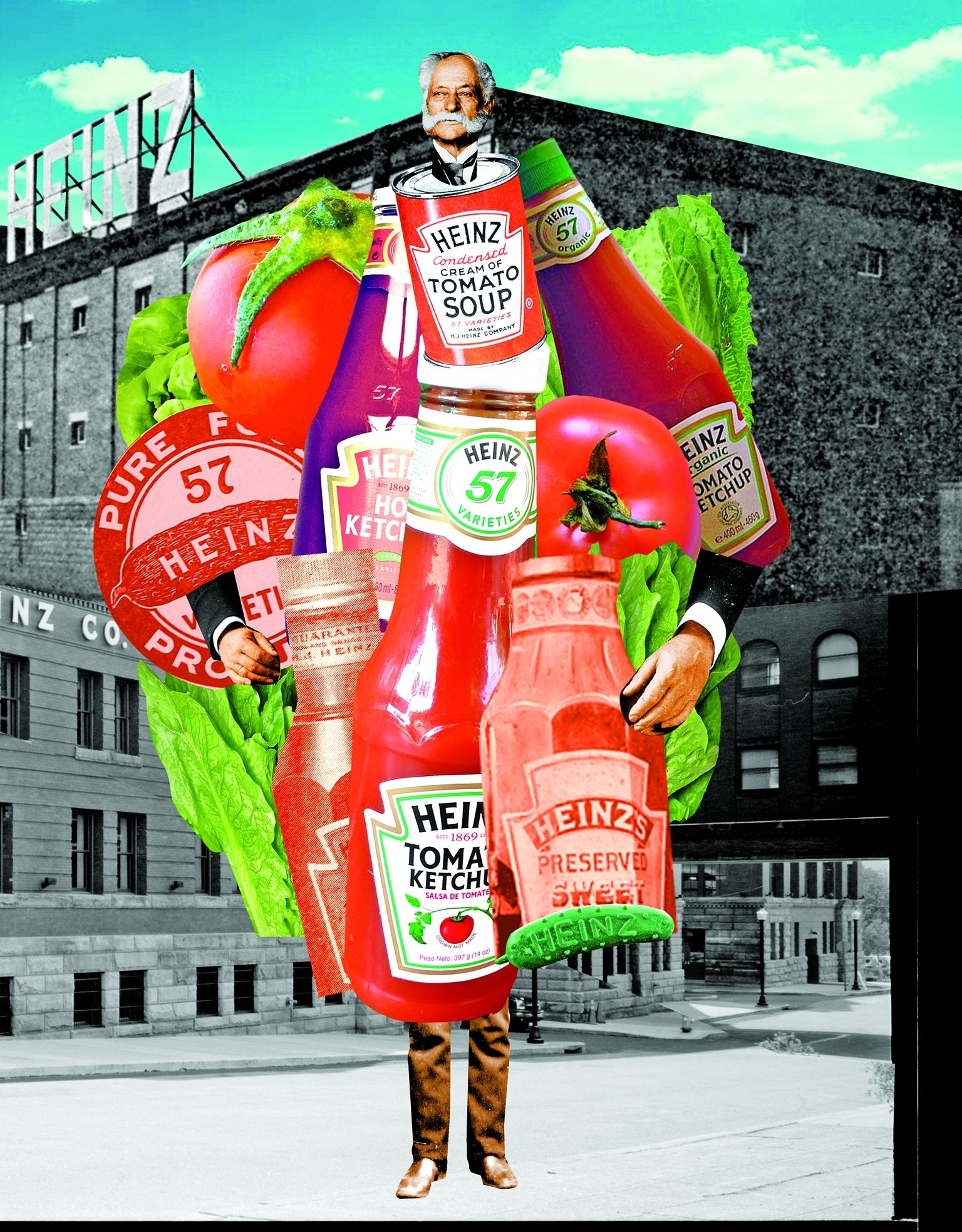 ILLUSTRATION: JOHANNA GOODMAN (IMAGES OF HENRY HEINZ, HIS COMPANY’S PRODUCTS, AND A HEINZ FACTORY)