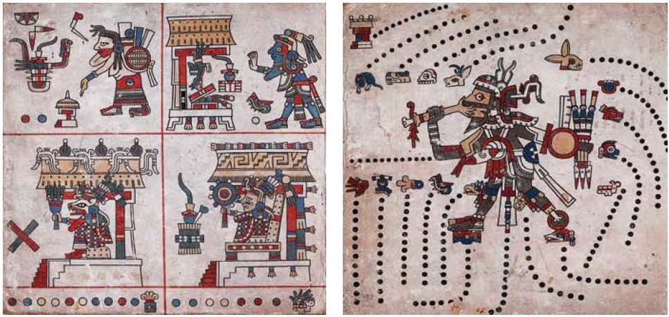 這兩個頁面來自一份古代阿茲提克抄本，內容描繪幾位阿茲提克神祇。從左頁左上角起順時針方向依序為：生育、性及污穢女神特拉佐爾特特爾（Tlazolteotl）；風與智慧之神魁札爾科亞特爾（Quetzalcoatl），也叫作羽蛇神；花神索奇皮利（Xochipilli）；以及大地女神特拉爾特庫特利（Tlaltecuhtli）。右頁描繪了特斯卡特利波卡（Tezcatlipoca），祂是祖先記憶與時間之神，名字的意思是「冒煙的鏡子」。