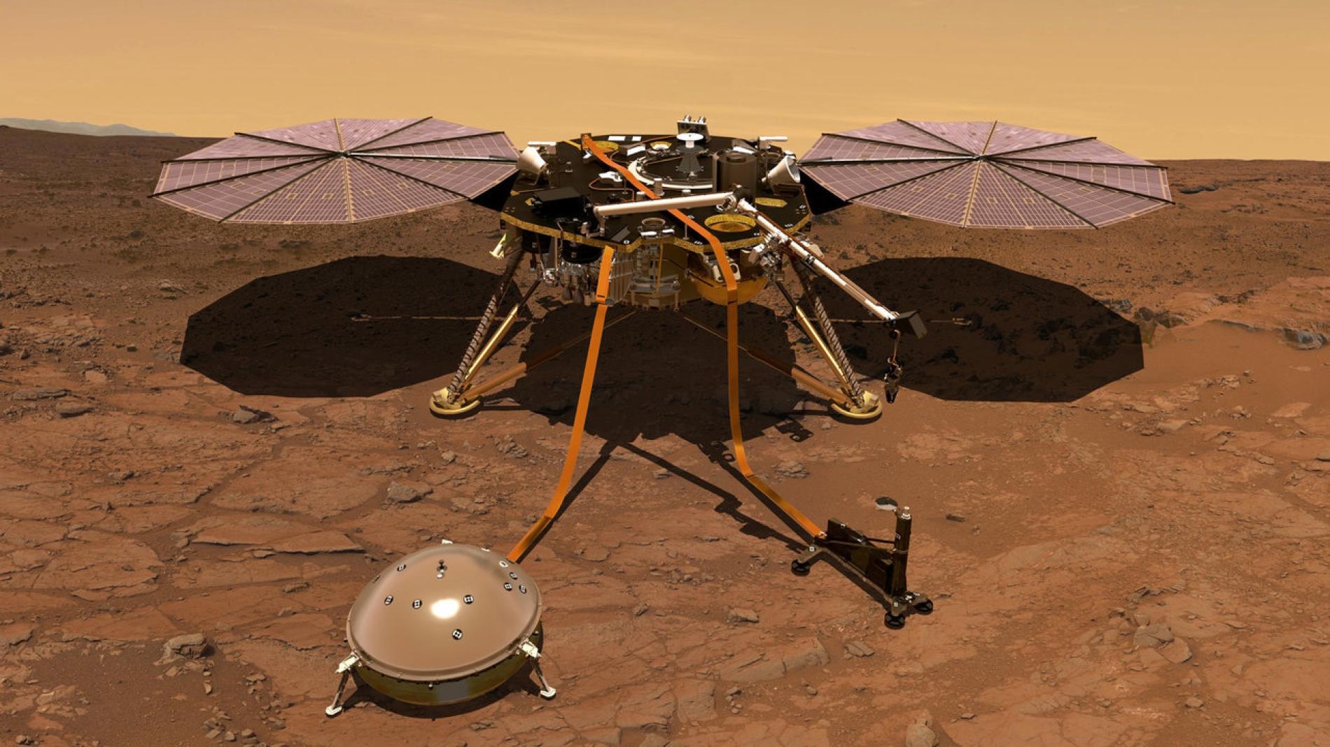 這張插圖繪製了安放在火星表面的洞察號登陸器。登陸器磁力計所獲得的初步數據顯示，這顆紅色星球的磁場會在夜晚以無法解釋的方式搖擺。ILLUSTRATION BY NASA