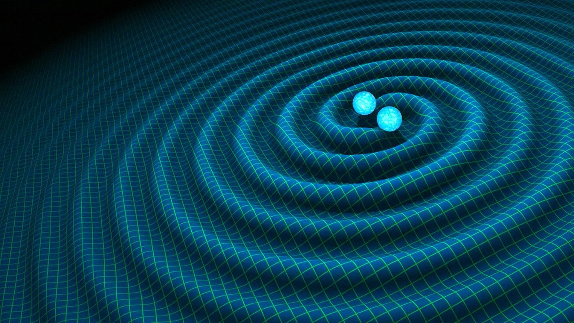 重力波示意圖。當物體加速度前進時 (如兩個超大質量星體互繞)，會使空間的扭曲發生變化、產生「漣漪」，這就是「重力波」。圖片來源│R. Hurt/Caltech-JPL