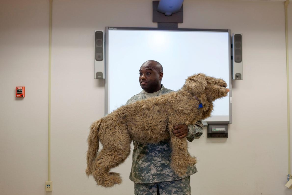 <b>急救須知</b> – 美國陸軍上士艾瑞克．艾爾福（Eric Alford）是獸醫技術員，他正在幫德州訓練學校的學生上動物急救課程。PHOTOGRAPH BY ADAM FERGUSON, NATIONAL GEOGRAPHIC 