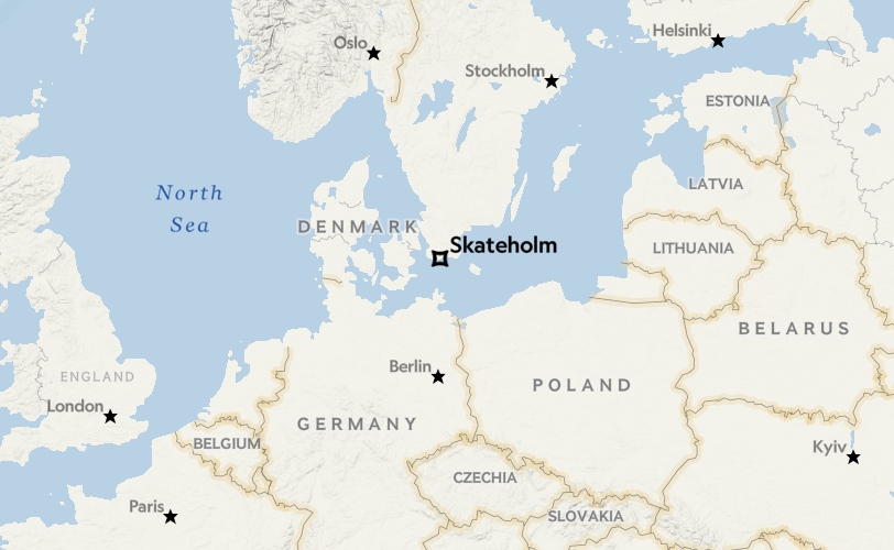 斯卡特爾摩（Skateholm）考古遺址位於瑞典南部，圖中星號為它的的位置。