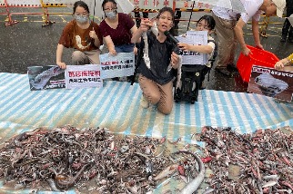 動保團體赴行政院前「倒魚」陳情 籲全面禁止底拖網